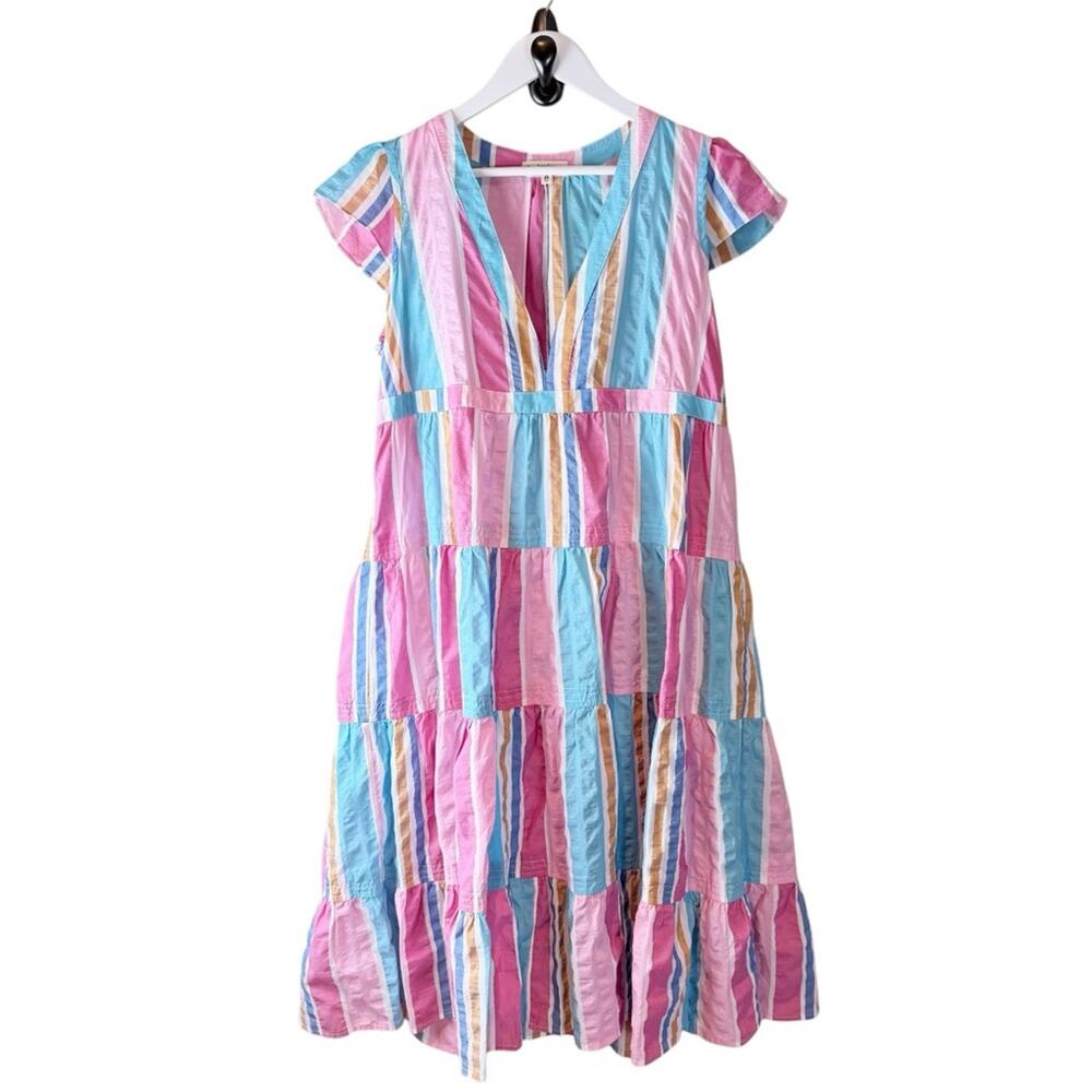 Lemlem by Liya Kebede Tiered Striped Midi Dress Flutter Sleeve V Neck Large